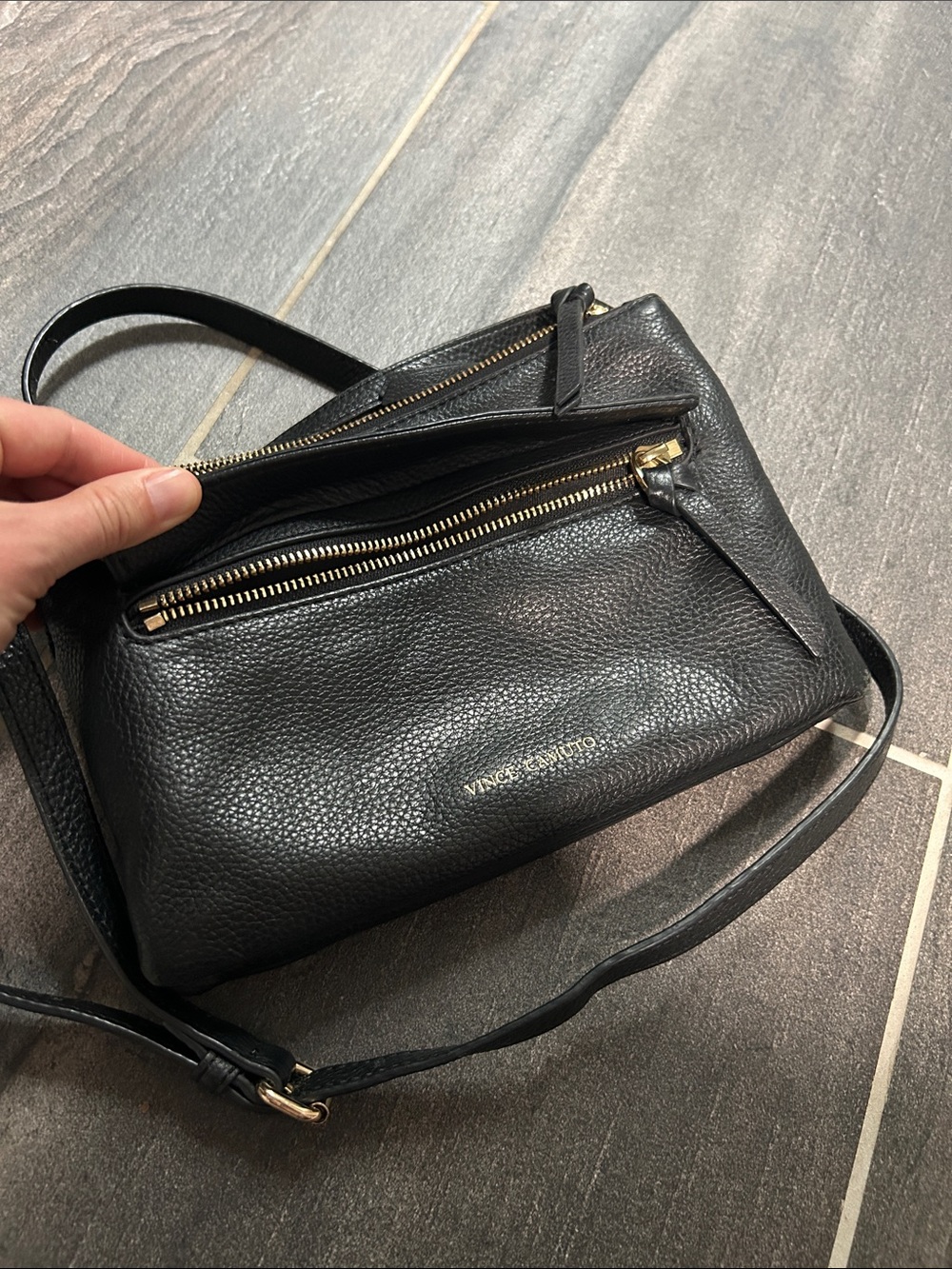 Vince Camuto Black Pebbled Leather Crossbody with Gold Accents - Picture 4 of 4